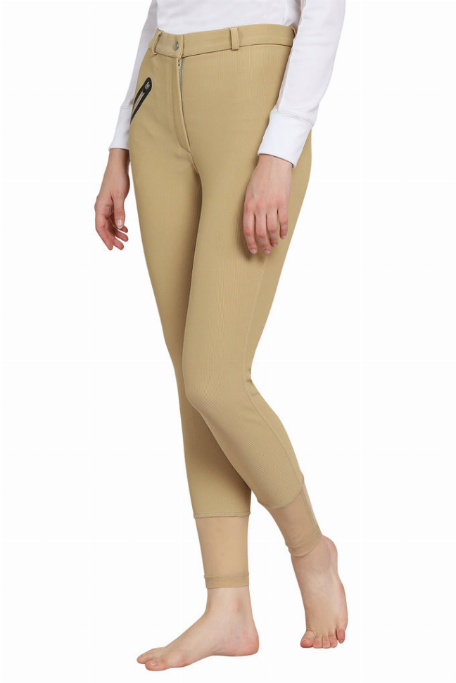 Tan riding breeches with front pockets, belt loops, and ribbed ankle cuffs.