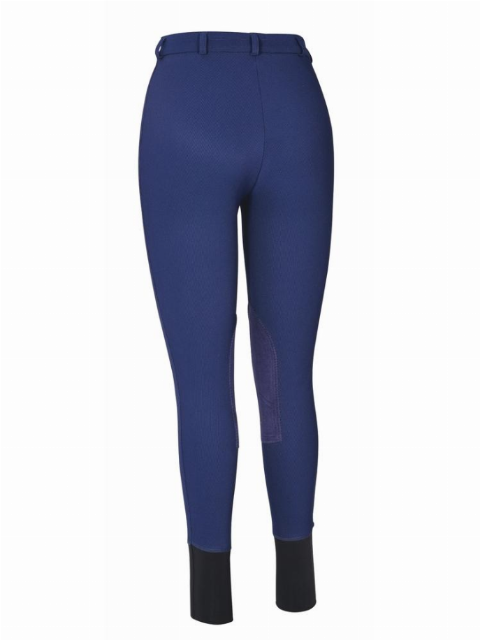 TuffRider ladies knee patch breeches, dark blue with black knee panels, full length