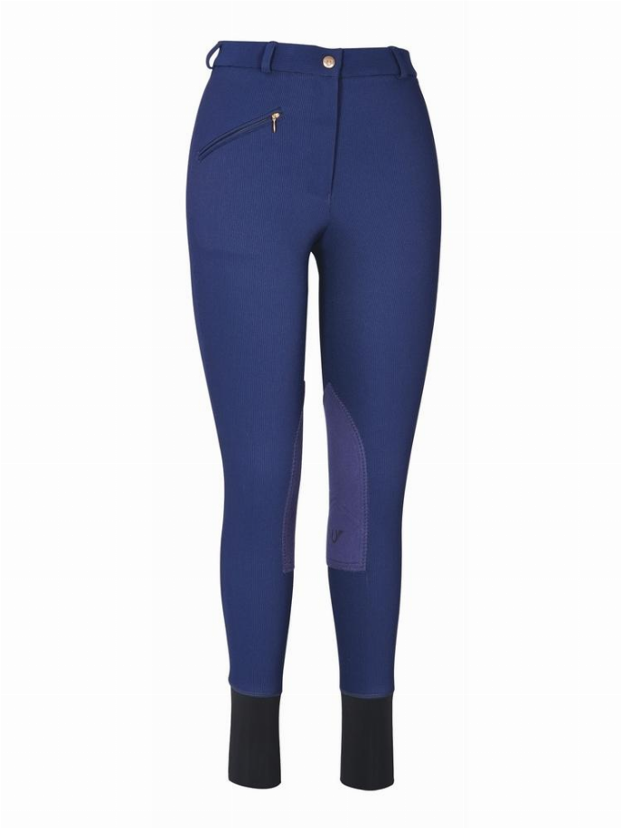 TuffRider ladies knee patch breeches, dark blue with black knee panels and cuffs