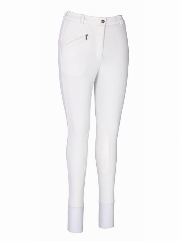 Ladies white knee patch breeches with belt loops, fly front, and ribbed knee pads