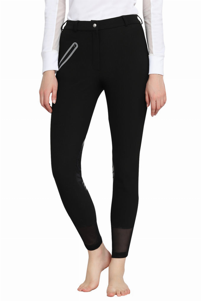 Black riding breeches with three-quarter leg and silicone knee patches, front view