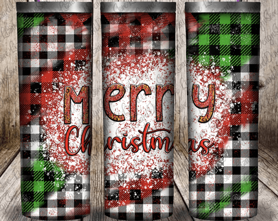 Stainless steel tumbler with red and green plaid and glitter Merry Christmas design