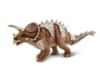 Armored triceratops figurine with brown body, metallic plates and spiked back