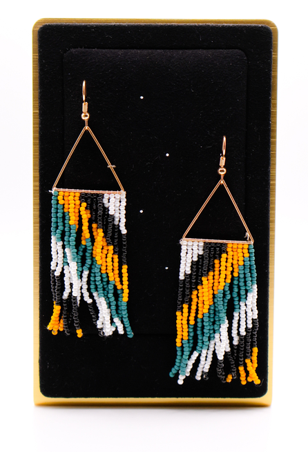 Beaded triangle tassel hanging earrings with multicolor beads and gold-tone hooks.