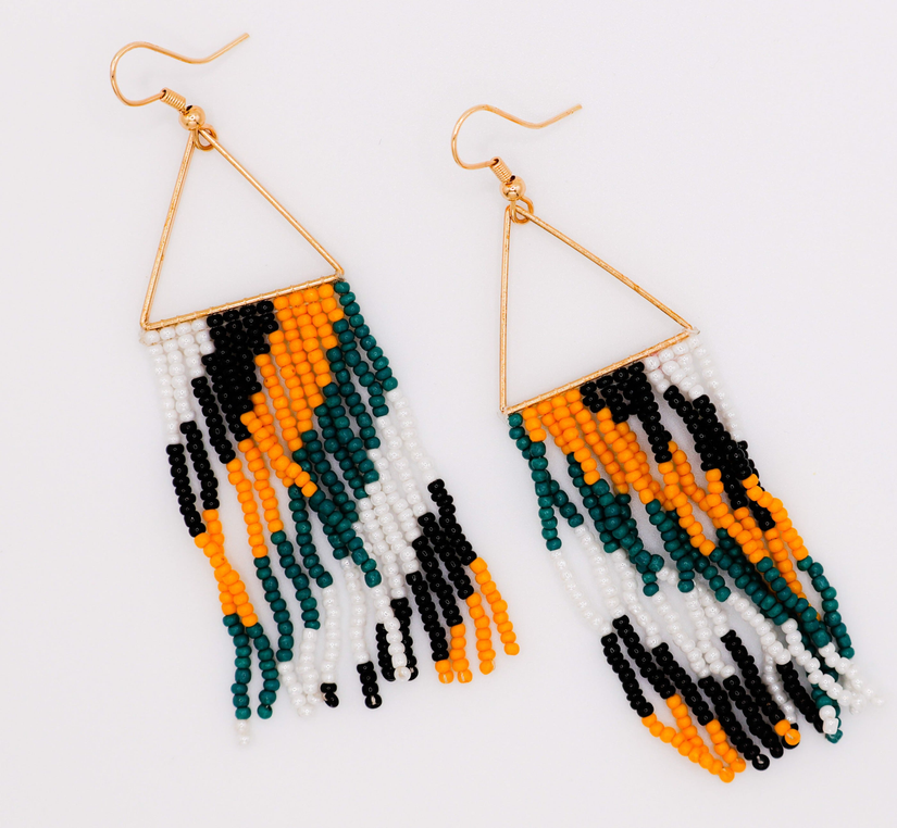 Pair of multicolor beaded triangle tassel hanging earrings with gold-tone hooks.