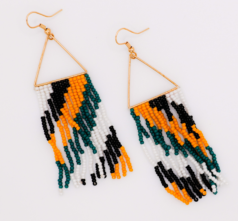 Multicolor beaded triangle tassel drop earrings with gold-tone hooks, paired.