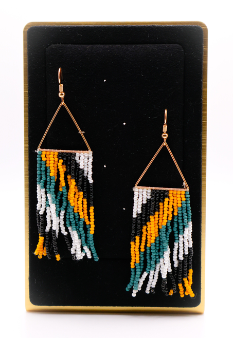 Beaded triangle tassel hanging earrings in multicolor beads with gold-tone hooks.