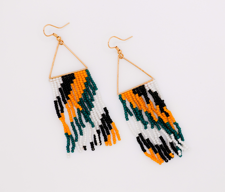 Dangling triangle beaded tassel earrings with multicolor beads and gold-tone hooks.