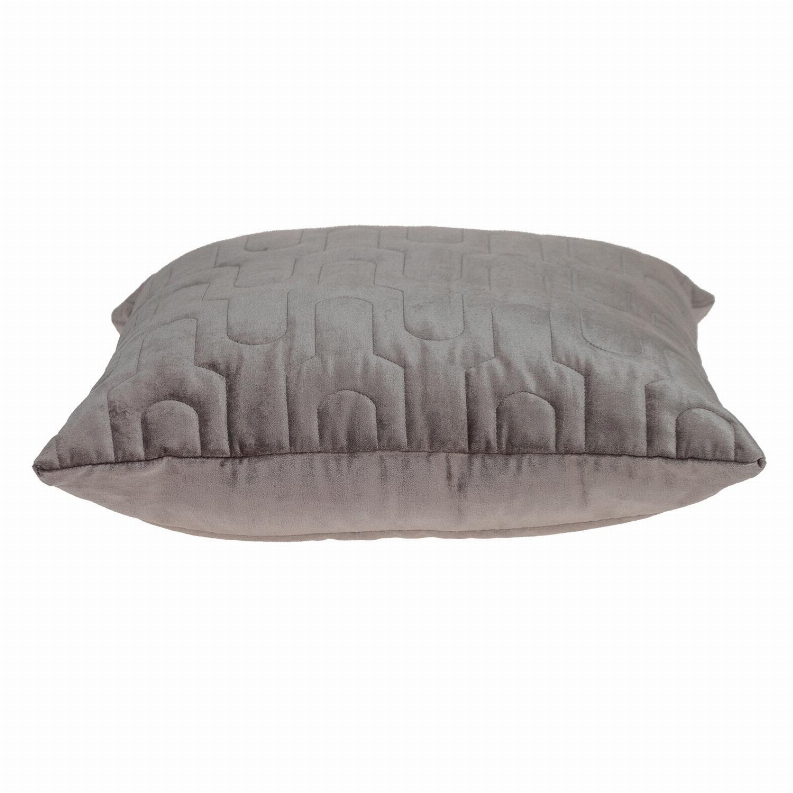 Gray quilted throw pillow with raised geometric pattern and pleated edges