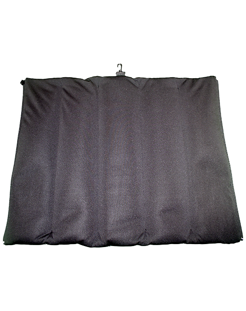Dark gray travel pillow with attached blanket flap, zipped closed