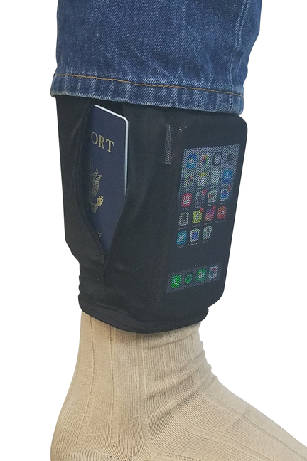 Black zip leg pouch with clear phone window, shown on pant and sock