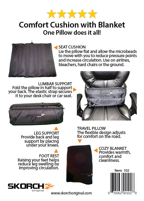 Folded travel pillow with blanket pouch, dark fabric with SKORCH original logo