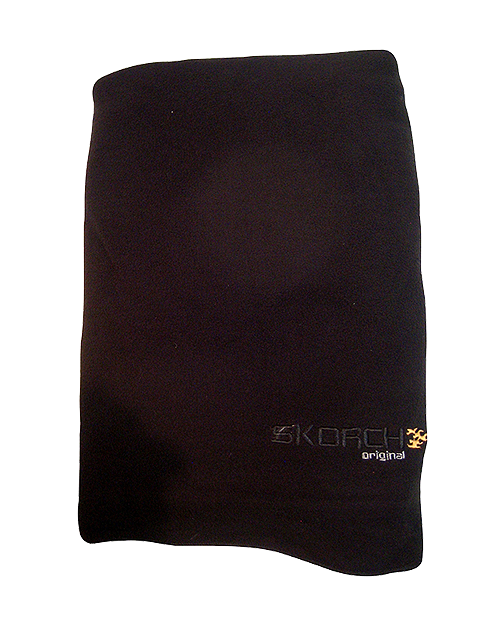 Dark fabric travel pillow blanket cover with SKORCH original logo, full view