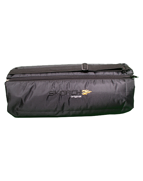 Black travel pillow with blanket case, top strap and SKORCH original logo