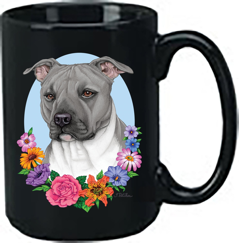 Black ceramic coffee mug with gray dog face and colorful floral design
