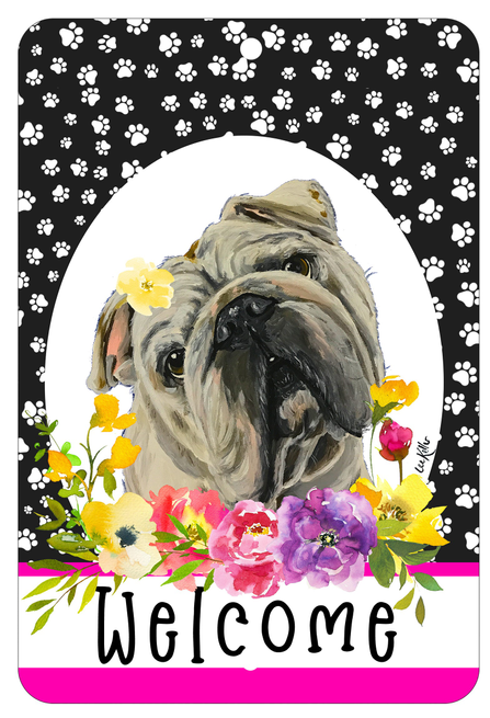Indoor/outdoor aluminum welcome sign: dog portrait, paw prints, and bright flowers