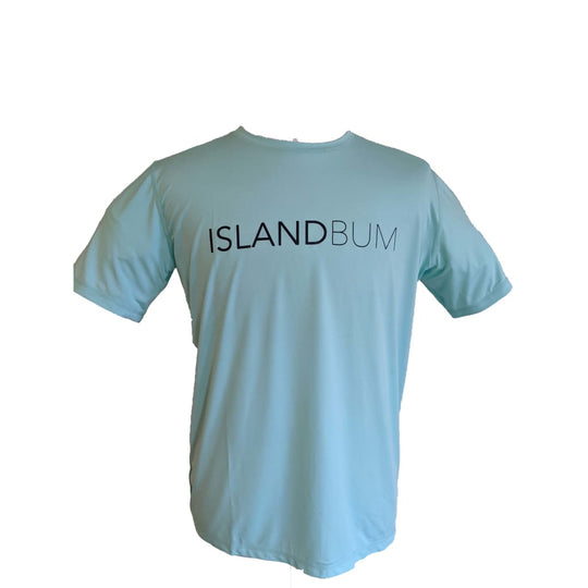 Light blue UPF 50 short sleeve performance shirt with ISLANDBUM front logo