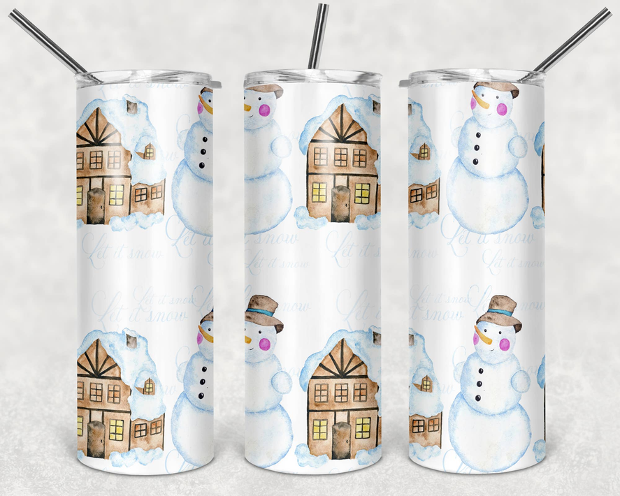 Stainless steel tumbler with lid and straw, winter houses and snowman print