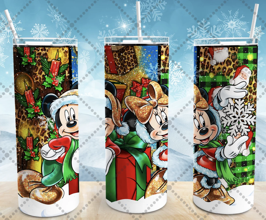 White stainless steel tumbler with holiday character wrap and clear straw lid
