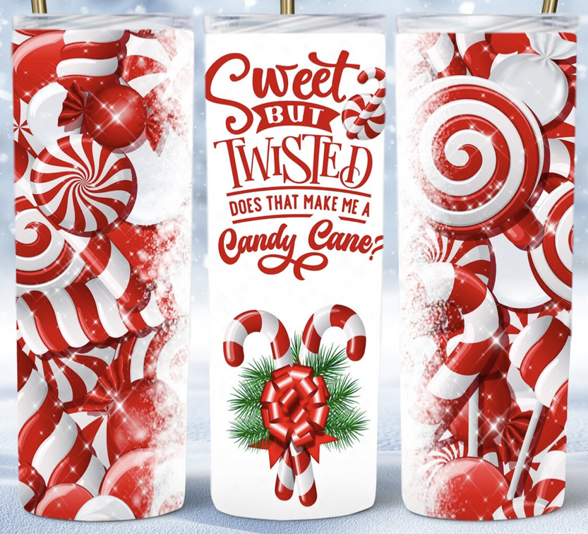 Stainless steel tumbler with white and red candy cane swirl graphic