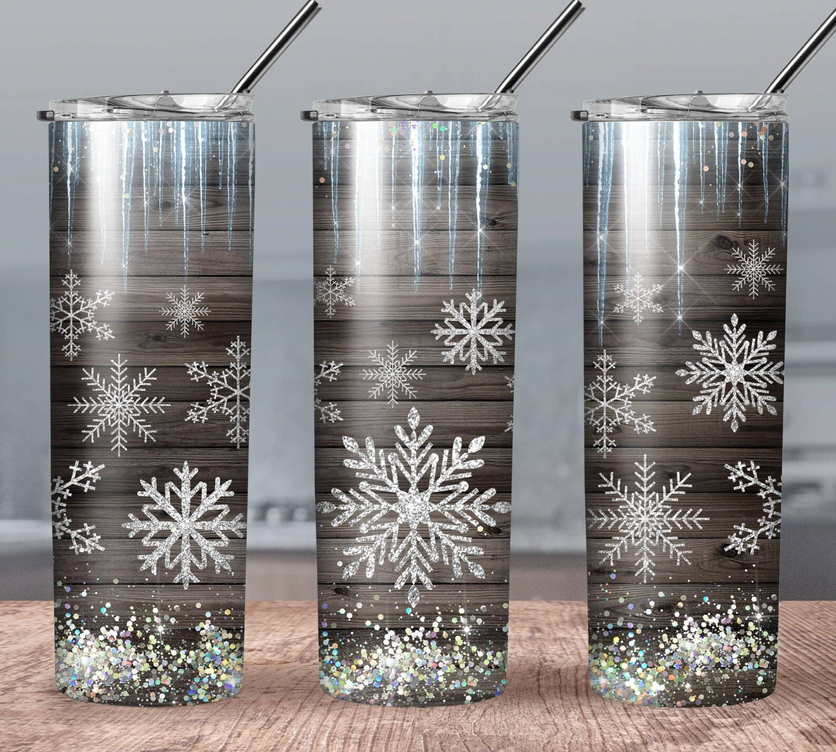 Stainless steel tumbler with lid and reusable straw, snowflake decal and multicolor glitter bottom