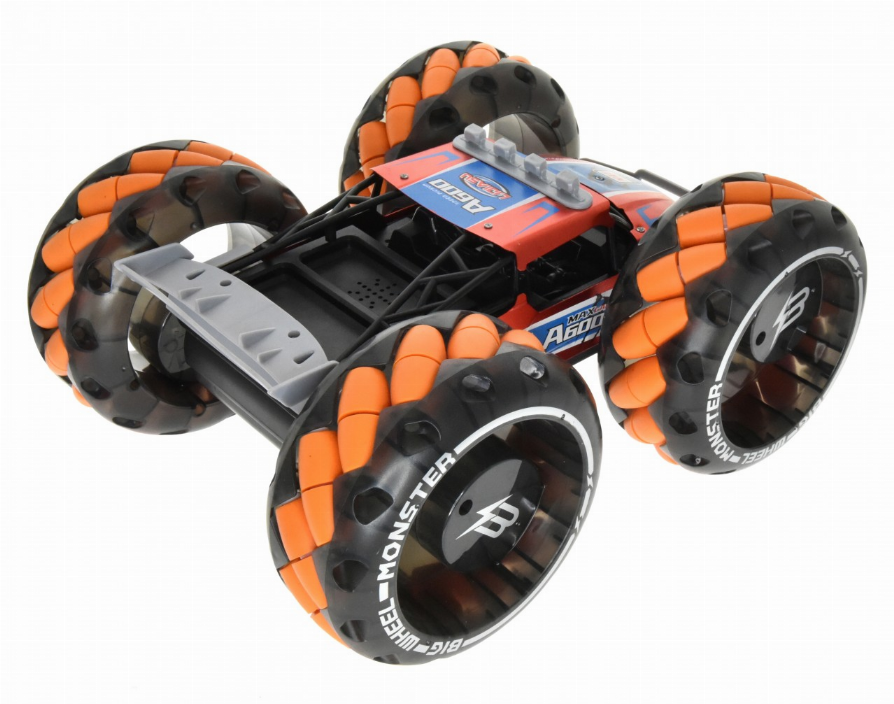 Orange-and-black RC monster truck, red top panel with blue side graphics