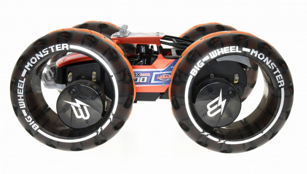 RC monster truck from front/side, large wheels with Monster Big Wheel-Monster text