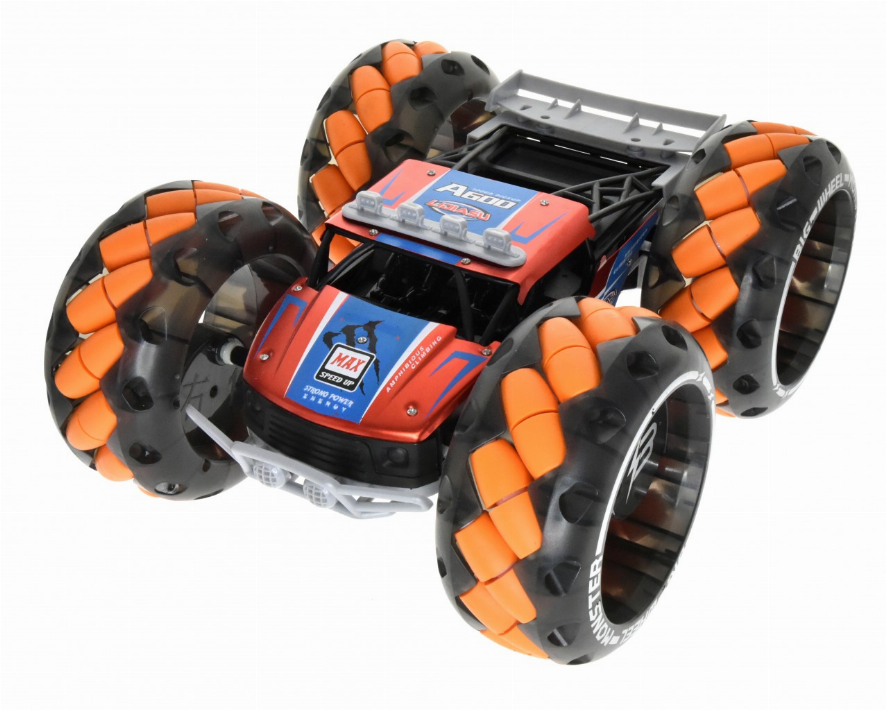 Orange-and-black RC monster truck angled view, red hood and exposed frame