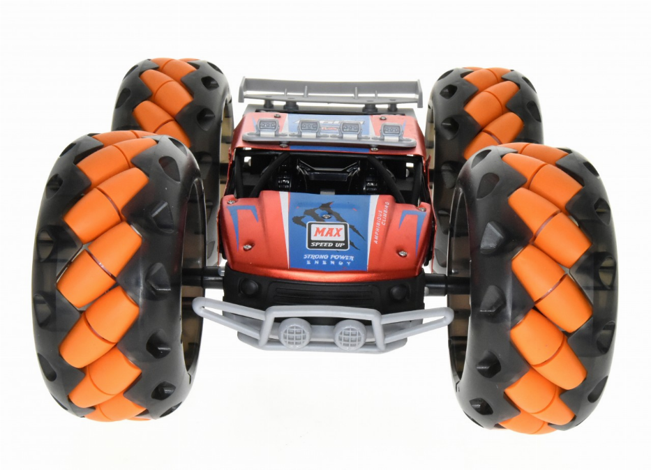 RC monster truck rear view, orange tires and gray bumper with central cab