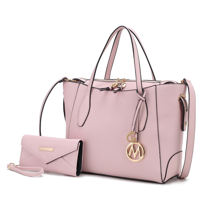 Women’s vegan leather tote bag with wallet, light pink, zip-top and gold-tone hardware