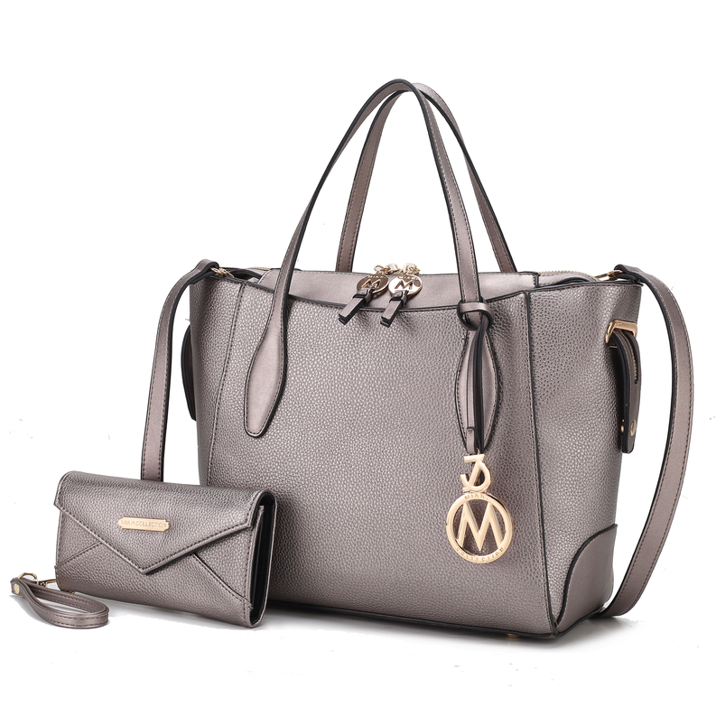 Gray vegan leather tote bag with matching wallet, double handles and zip closure