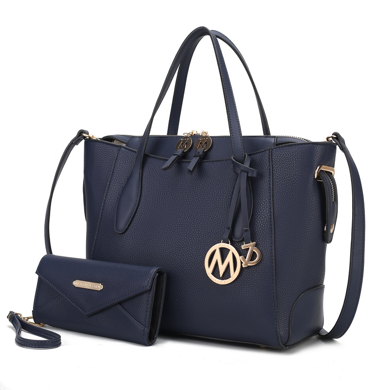 Navy vegan leather tote bag with detachable wallet pouch and shoulder strap
