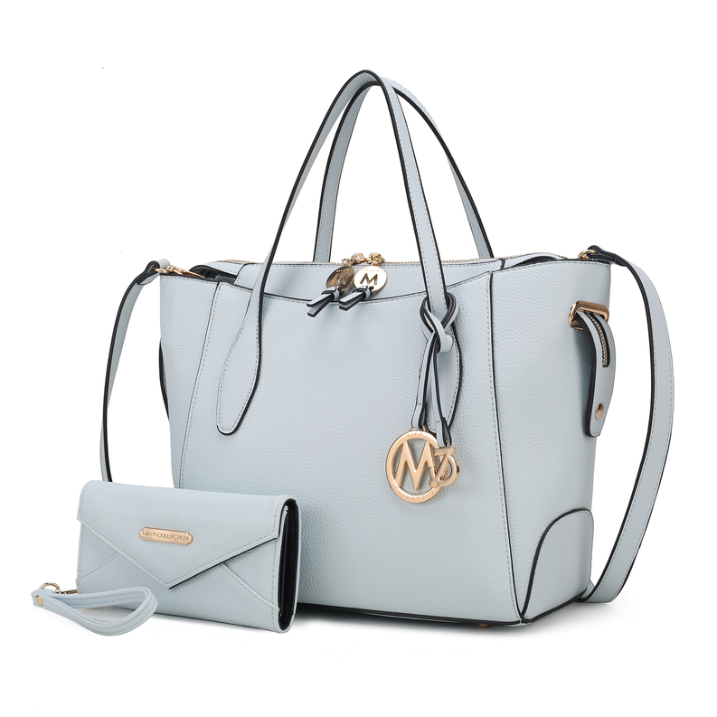 Bruna vegan leather tote bag with wallet, light blue, top handles and crossbody strap