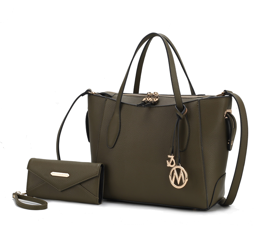 Olive vegan leather tote bag with top handles and matching wallet, gold-tone hardware