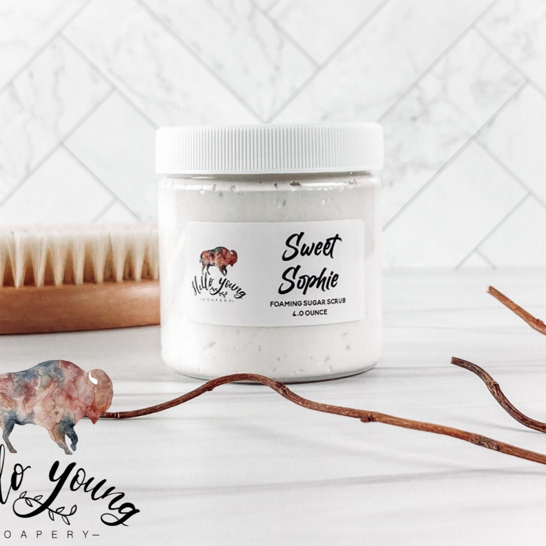 Sugar scrub tub with ribbed white lid, cream contents, Sweet Sophie label front