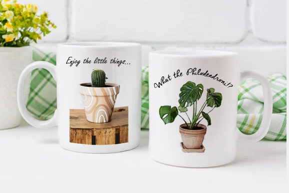 White ceramic coffee mug with watercolor succulent in brown pot