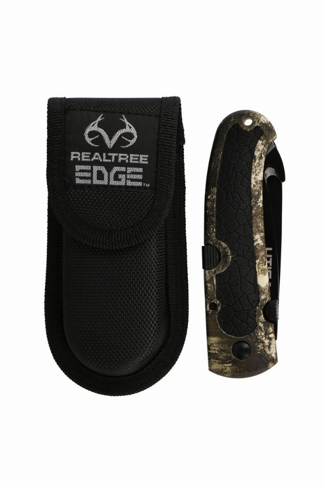 Black nylon knife sheath with Realtree logo and camouflage handle with blade