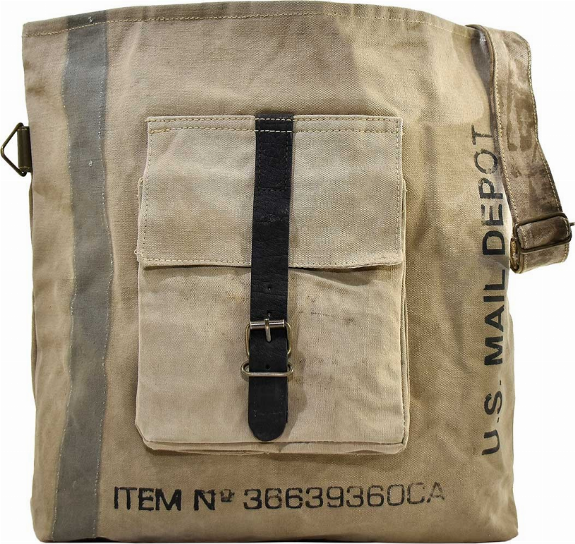 Recycled military tent crossbody bag with front patch pocket and adjustable strap