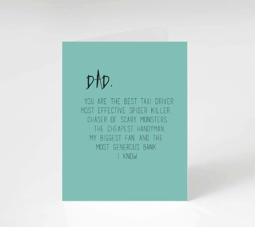 Teal Fathers Day card with handwritten “Dad,” and a tribute message