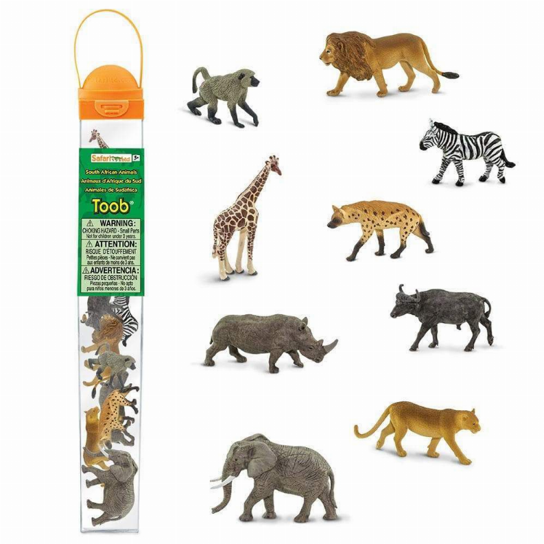 South African animals toy figurine set in clear display case with handle