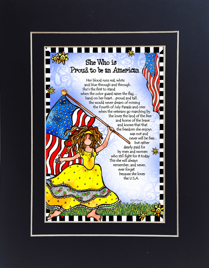 Black framed American-themed quote wall art, woman with flag, decorative border