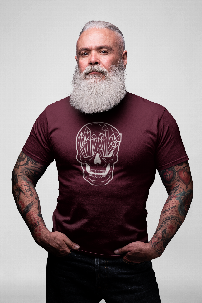 Front view maroon skull graphic crew-neck t-shirt, short sleeves