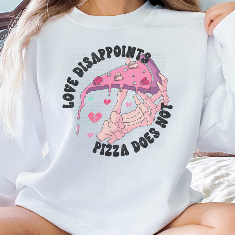 White crewneck sweatshirt with pink pizza graphic and black text design