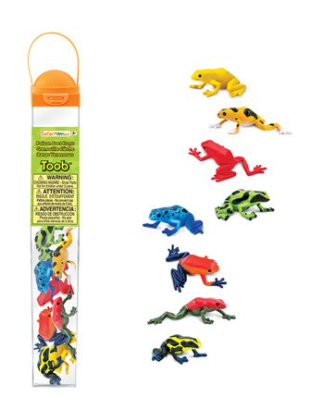 Colorful poison dart frog figurines set with multiple frogs shown in blister packaging