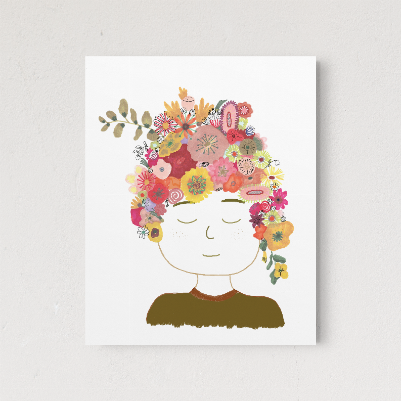 Floral lady portrait wall art print with multicolor flowers and calm facial features