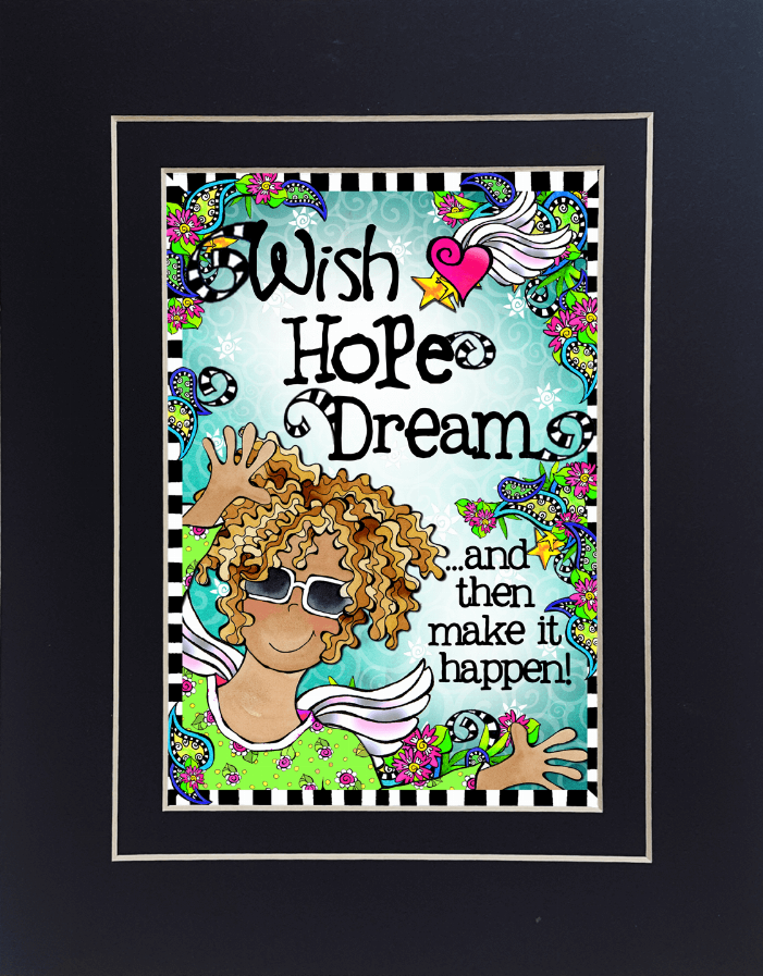 Black 8x10 framed wall art with colorful portrait, heart icon, and wish/hope/dream text