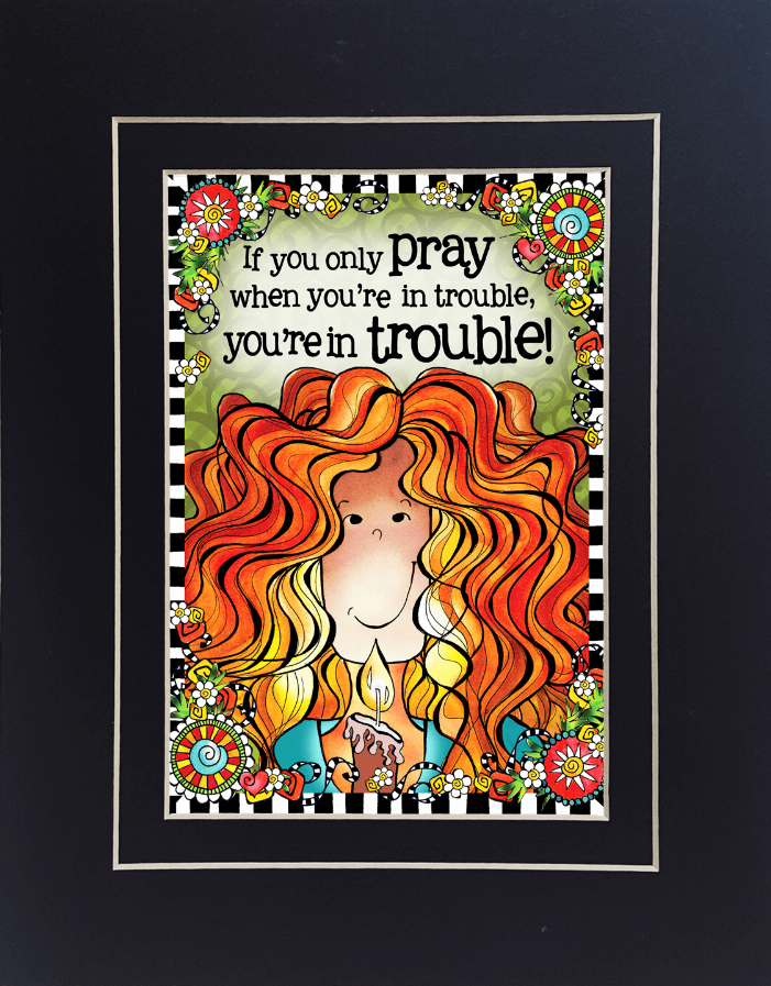 Framed wall art print with colorful illustrated praying girl and quote text on black frame