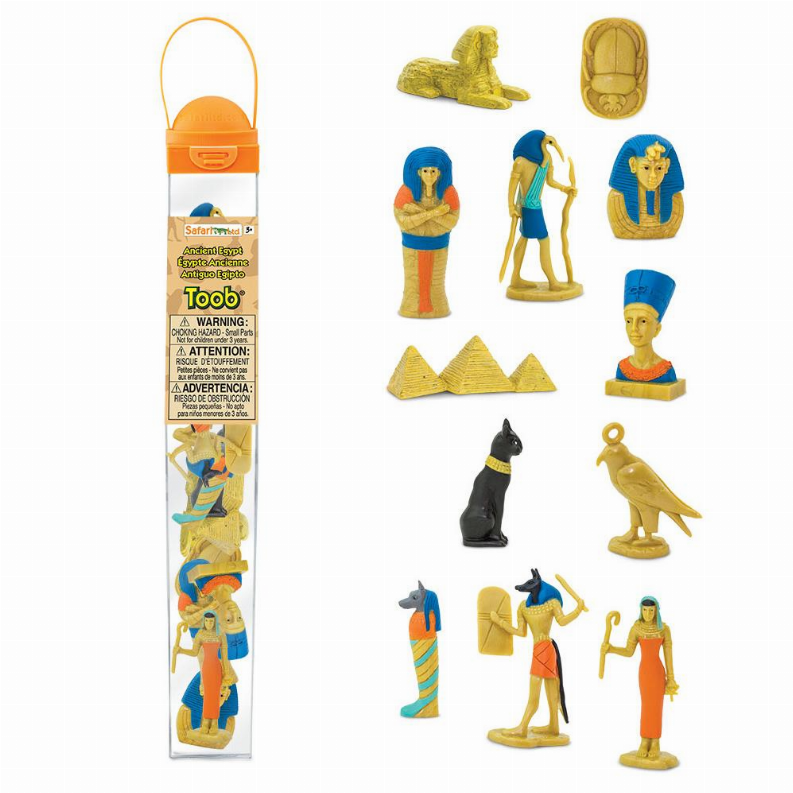 Packaged set of Ancient Egypt style resin figurines in blue, gold, and black.