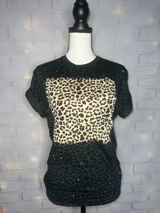 Black bleached blank T-shirt with leopard-print center panel
