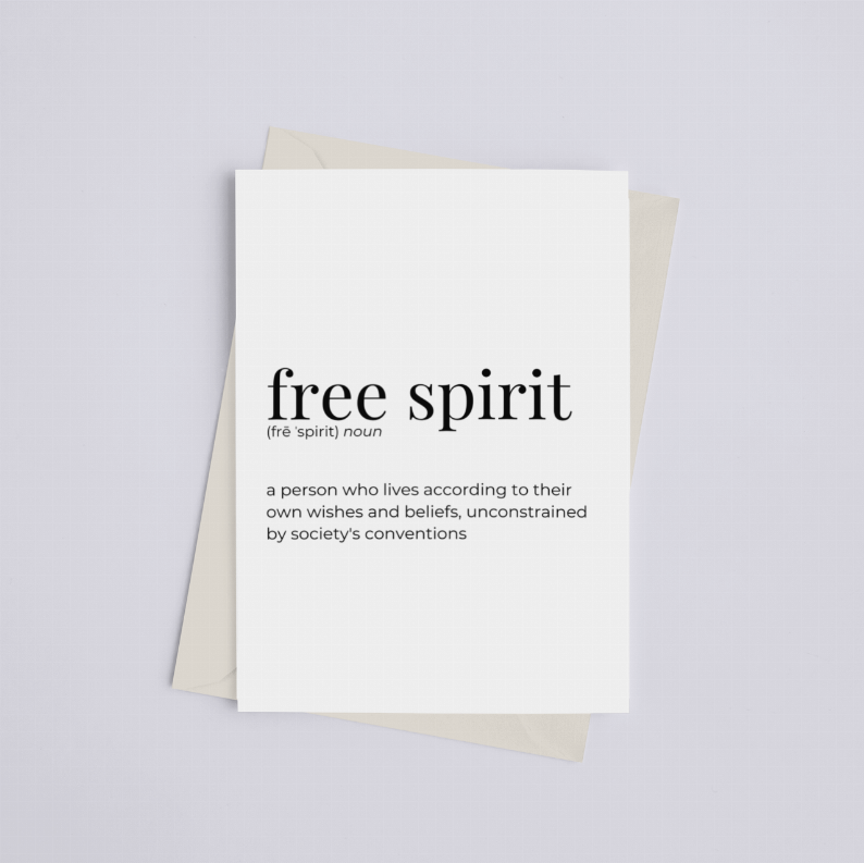 Free spirit greeting card with black typography and short inspirational message